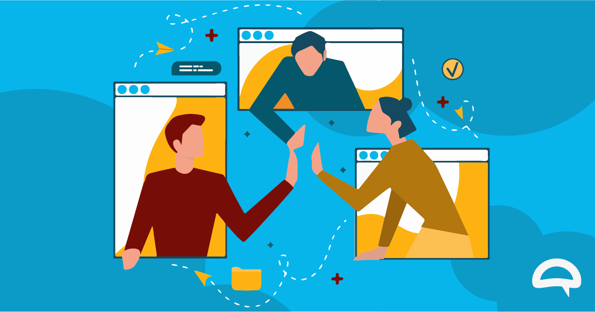 It shows a team of 3 people working remotely coming out of their screens for a high five handshake